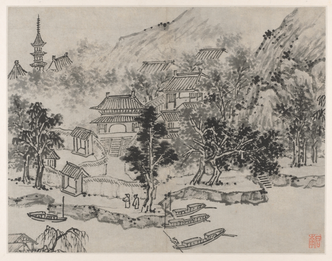 Distant View of Tiger Hill from the Canal Mooring, from Twelve Views of Tiger Hill, Suzhou · 沈周