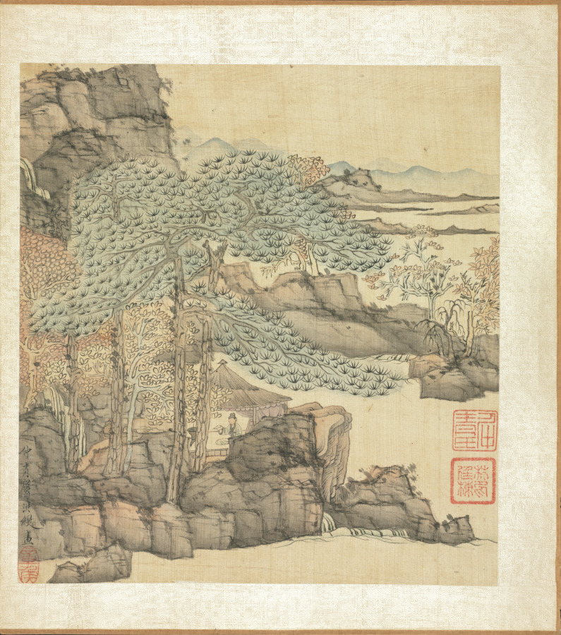 Paintings after Ancient Masters: Scholar Reading in a Thatched Hut by a Waterfall · 陳洪綬