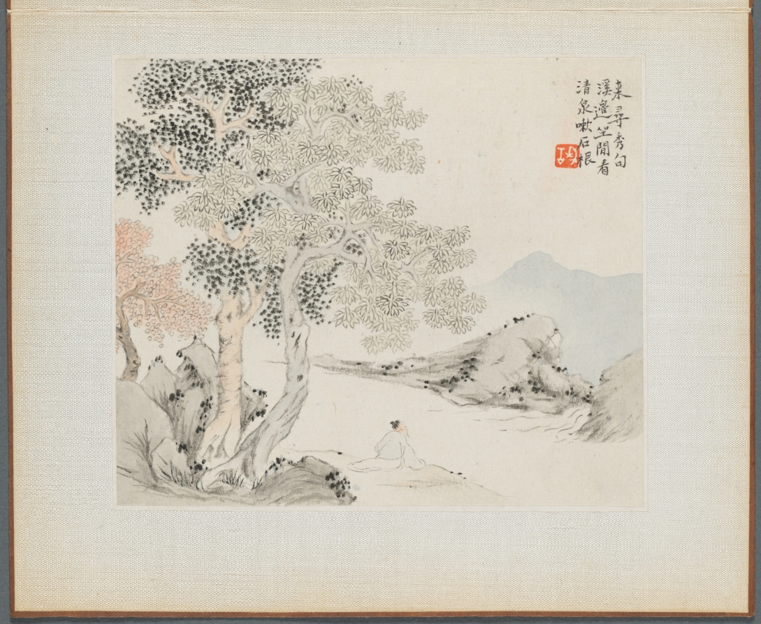 Album of Landscape Paintings Illustrating Old Poems: Three Big Trees, a Stream with an Old Man Sitting on the Bank · 華喦