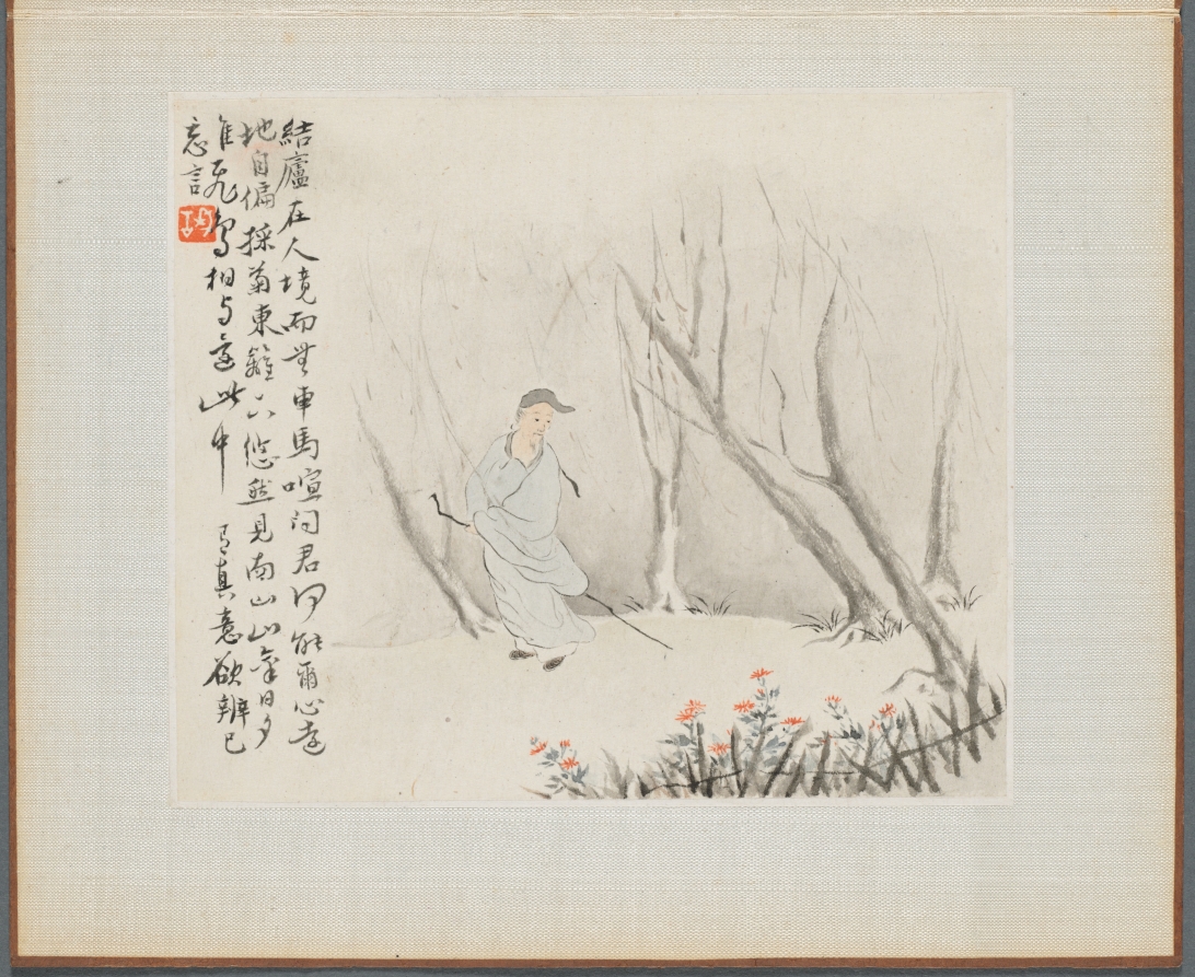 Album of Landscape Paintings Illustrating Old Poems: Man with a Staff Admires Chrysanthemums at a Fence · 華喦