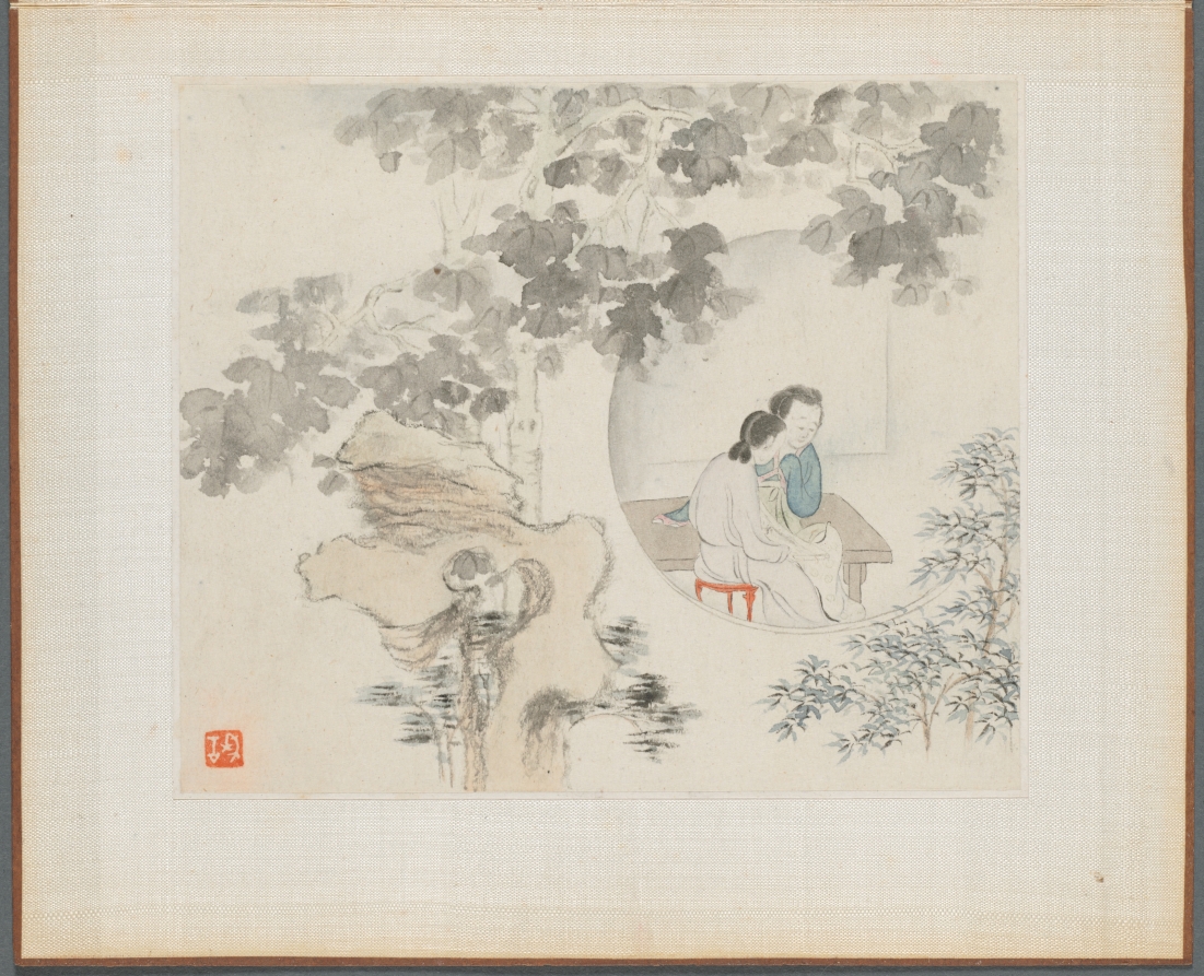 Album of Landscape Paintings Illustrating Old Poems: Two Women with Needlework in a Garden · 華喦